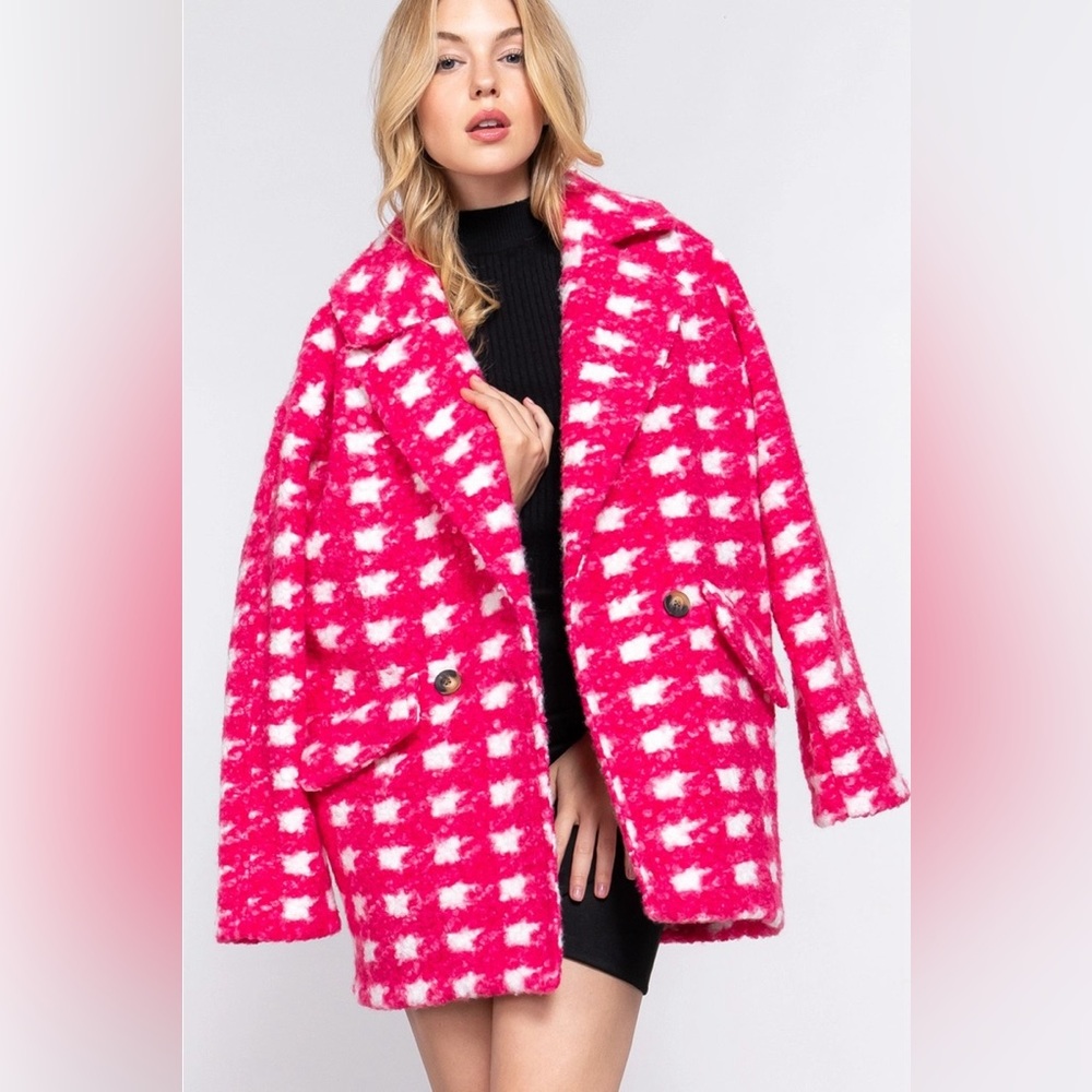 ($20) Double Breasted Check Boucle Fleece Coat